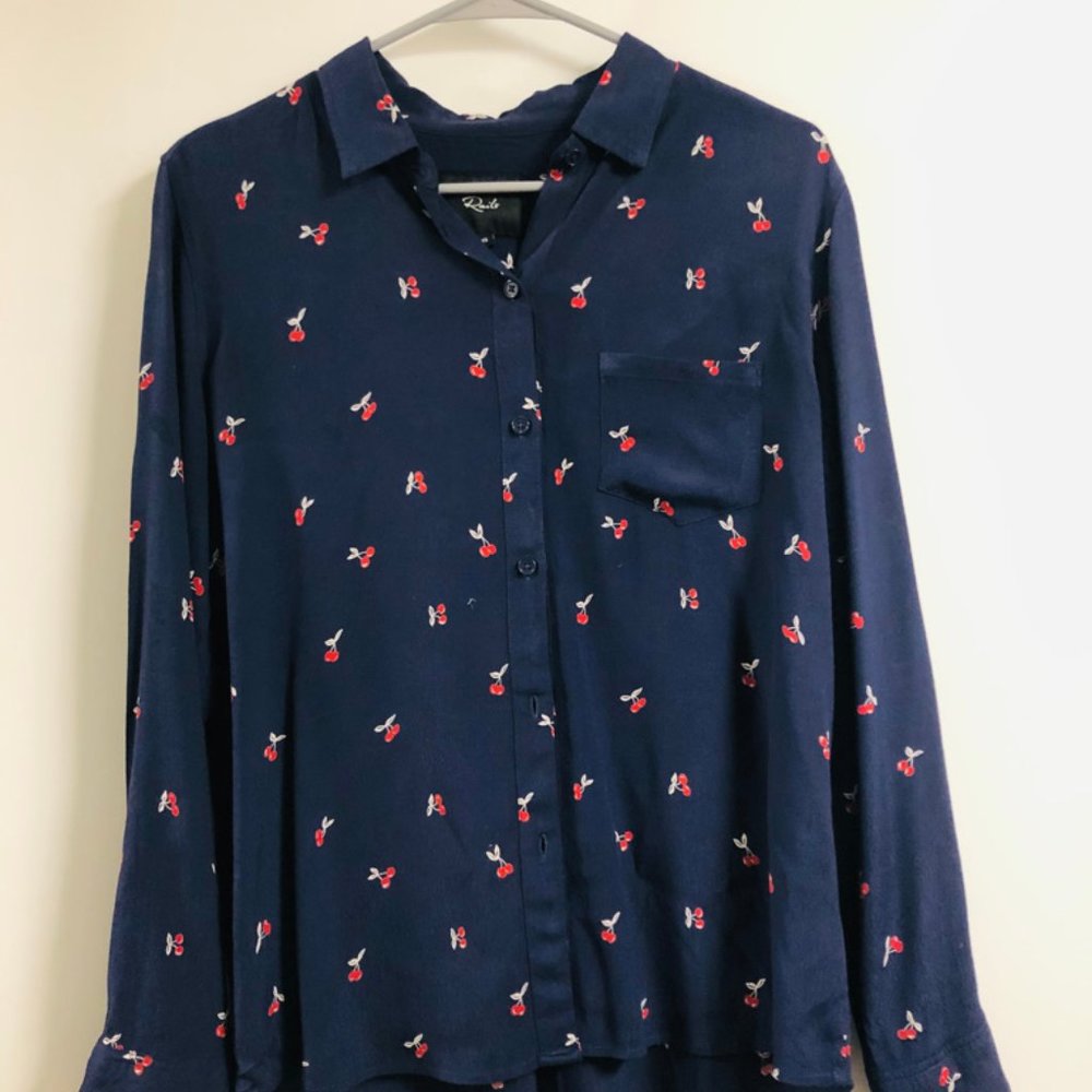Anthropologie Long-sleeved Navy Blouse w/Cherries